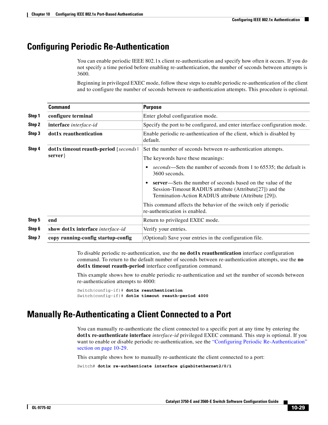 Cisco Systems 3750E Configuring Periodic Re-Authentication, Manually Re-Authenticating a Client Connected to a Port, 10-29 