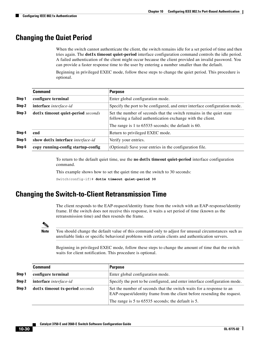 Cisco Systems 3750E manual Changing the Quiet Period, Changing the Switch-to-Client Retransmission Time, 10-30 