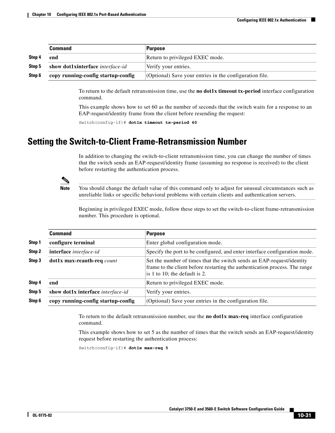 Cisco Systems 3750E manual Setting the Switch-to-Client Frame-Retransmission Number, Dot1x max-reauth-req count, 10-31 