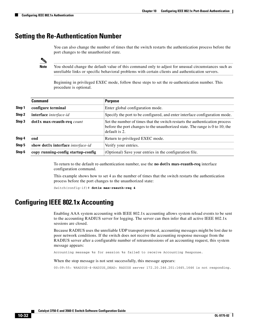 Cisco Systems 3750E manual Setting the Re-Authentication Number, Configuring Ieee 802.1x Accounting, 10-32 