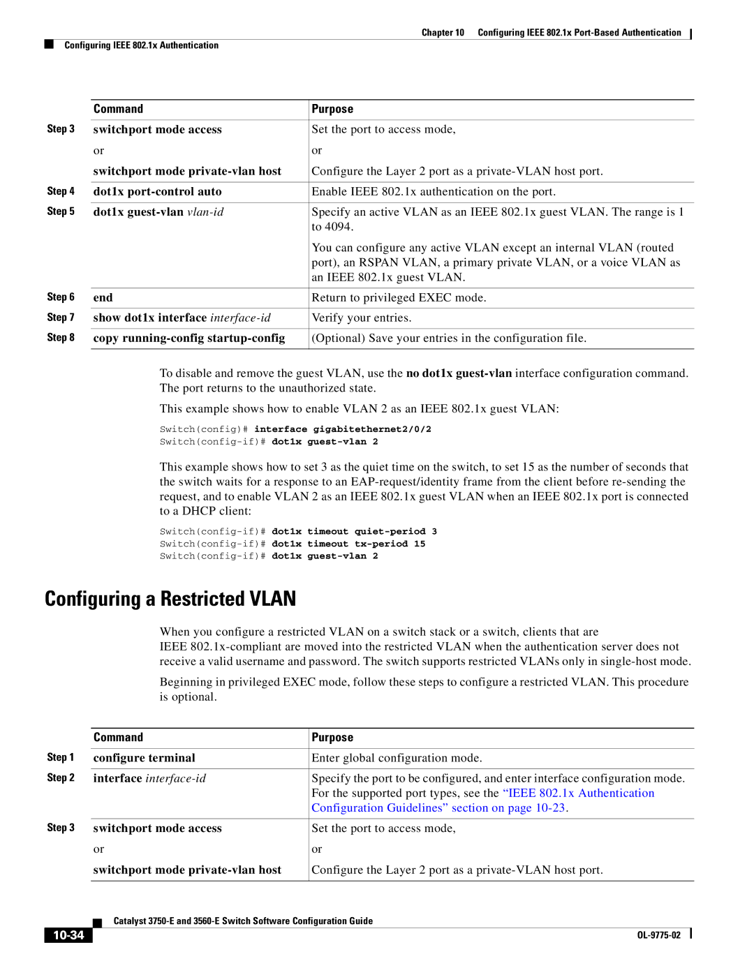 Cisco Systems 3750E Configuring a Restricted Vlan, Switchport mode private-vlan host, Dot1x guest-vlan vlan-id, 10-34 