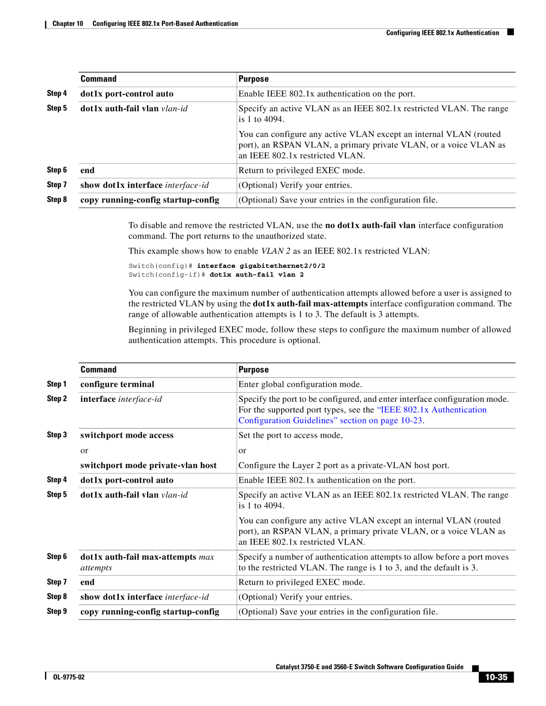 Cisco Systems 3750E manual Dot1x auth-fail vlan vlan-id, Dot1x auth-fail max-attempts max, Attempts, 10-35 