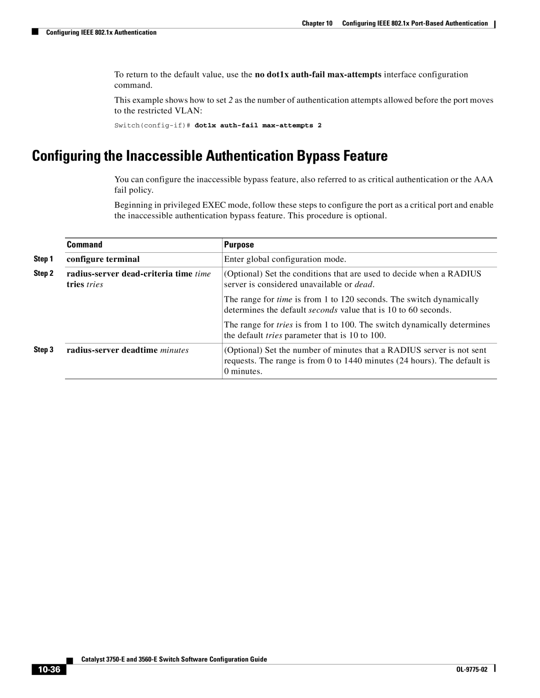 Cisco Systems 3750E Configuring the Inaccessible Authentication Bypass Feature, Radius-server dead-criteria time time 