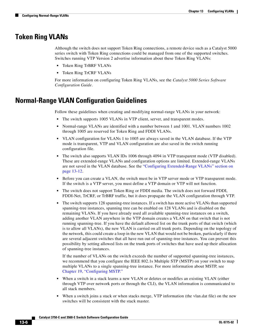 Cisco Systems 3750E manual Token Ring VLANs, Normal-Range Vlan Configuration Guidelines, 13-6 