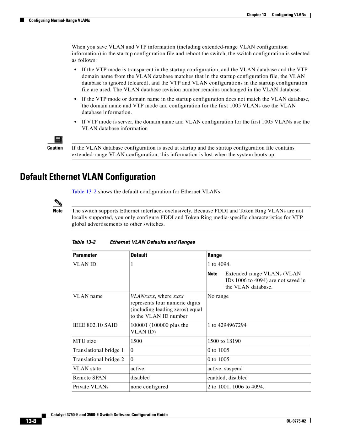 Cisco Systems 3750E manual Default Ethernet Vlan Configuration, Parameter Default Range, VLANxxxx, where, 13-8 