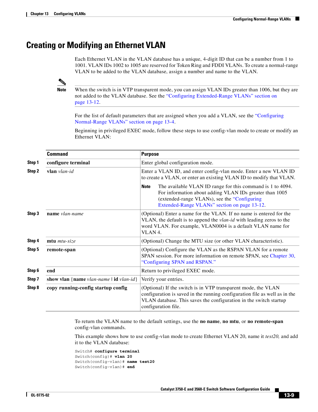 Cisco Systems 3750E manual Creating or Modifying an Ethernet Vlan, Remote-span, Copy running-config startup config, 13-9 