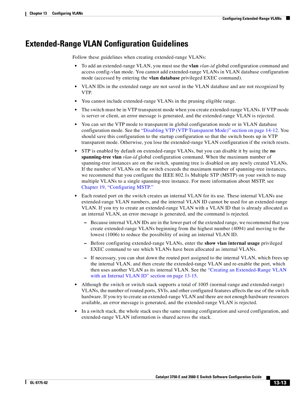 Cisco Systems 3750E manual Extended-Range Vlan Configuration Guidelines, 13-13 