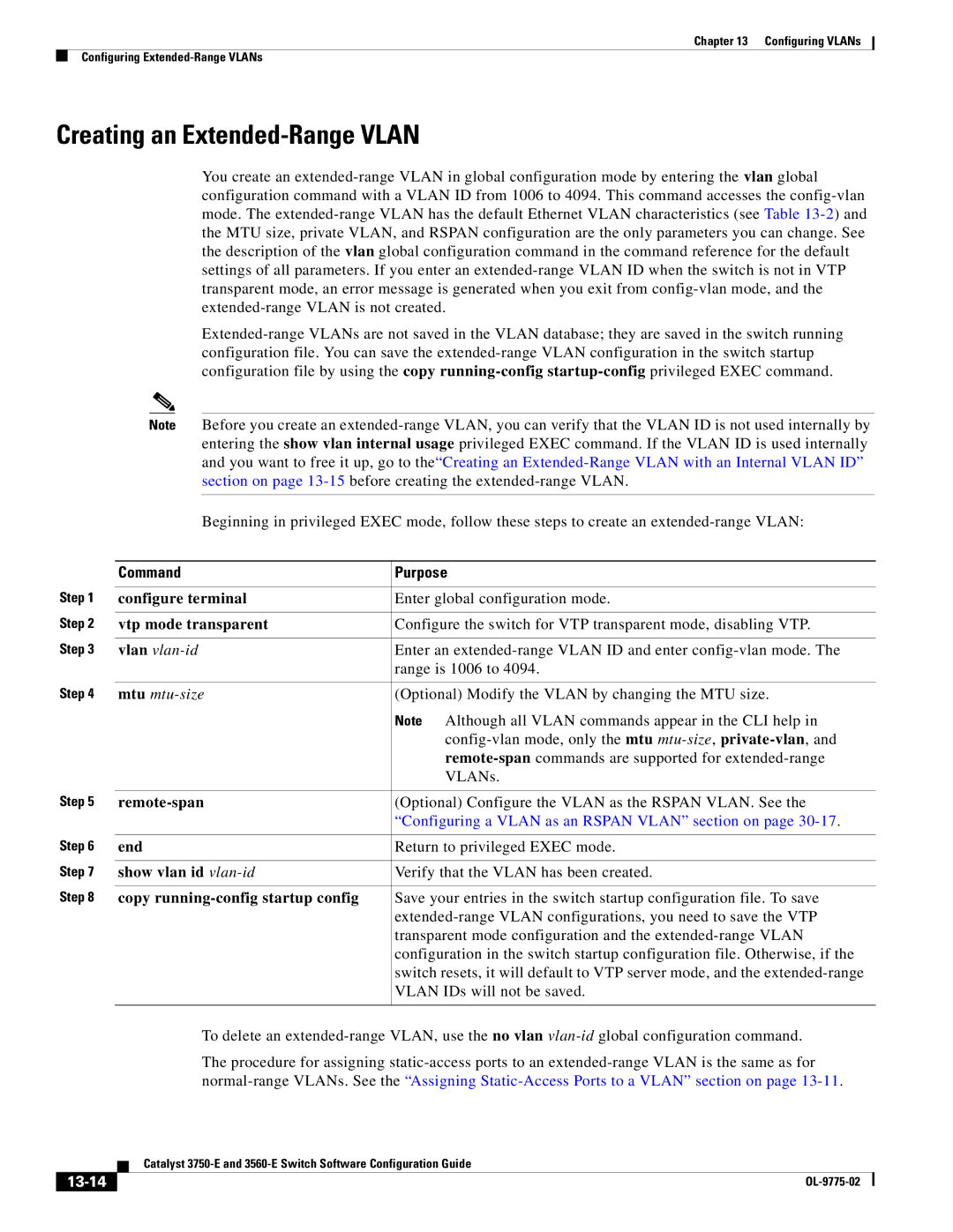 Cisco Systems 3750E manual Creating an Extended-Range Vlan, Vtp mode transparent, Show vlan id vlan-id, 13-14 