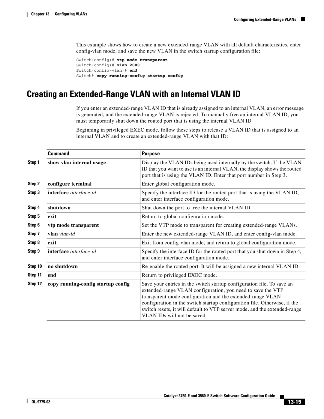 Cisco Systems 3750E manual Creating an Extended-Range Vlan with an Internal Vlan ID, Show vlan internal usage, 13-15 