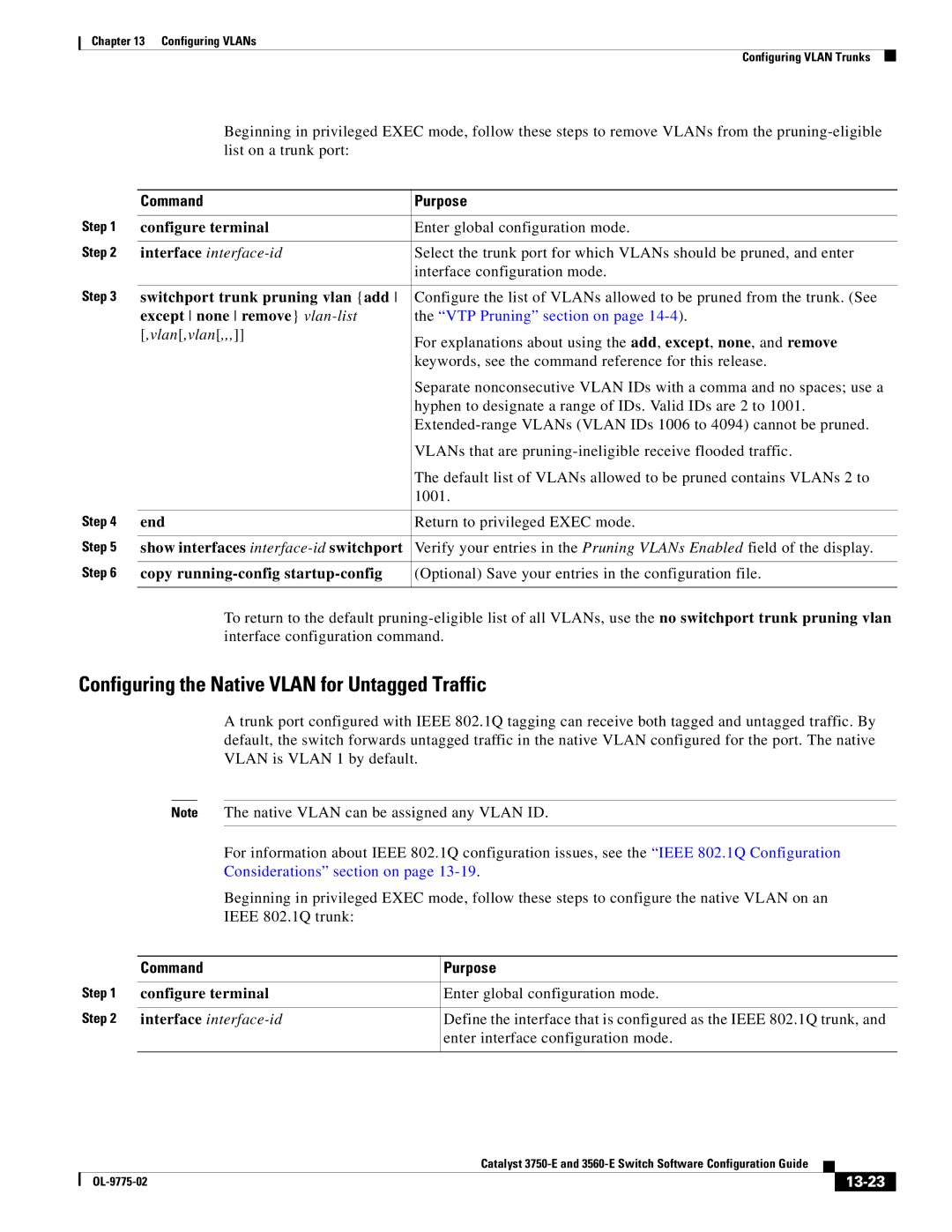 Cisco Systems 3750E Configuring the Native Vlan for Untagged Traffic, Switchport trunk pruning vlan add, Vlan ,vlan, 13-23 