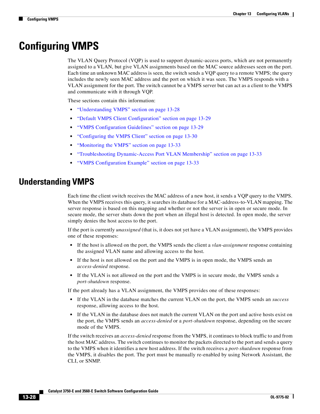 Cisco Systems 3750E manual Configuring Vmps, Understanding Vmps, 13-28 