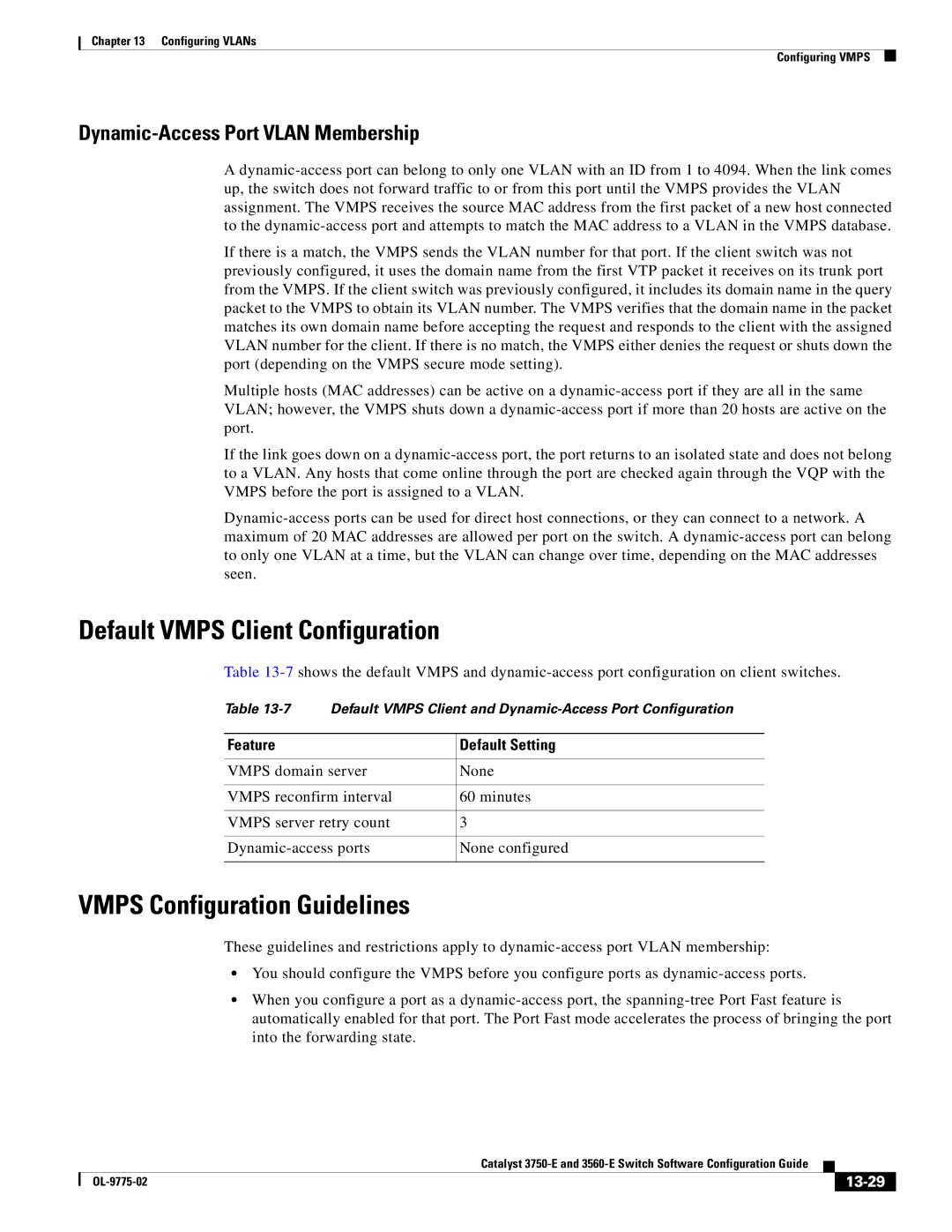 Cisco Systems 3750E Default Vmps Client Configuration, Vmps Configuration Guidelines, Dynamic-Access Port Vlan Membership 