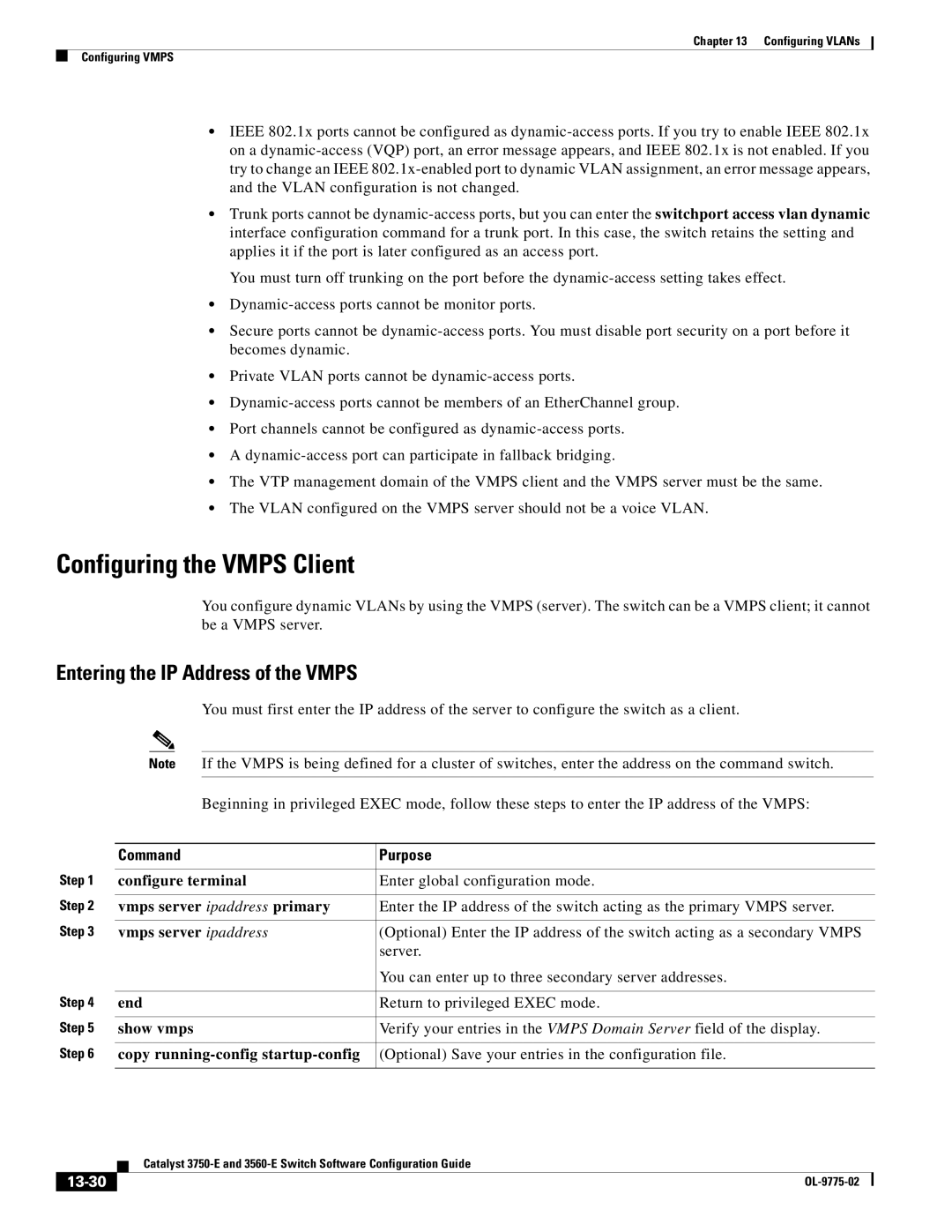 Cisco Systems 3750E manual Configuring the Vmps Client, Entering the IP Address of the Vmps, 13-30 