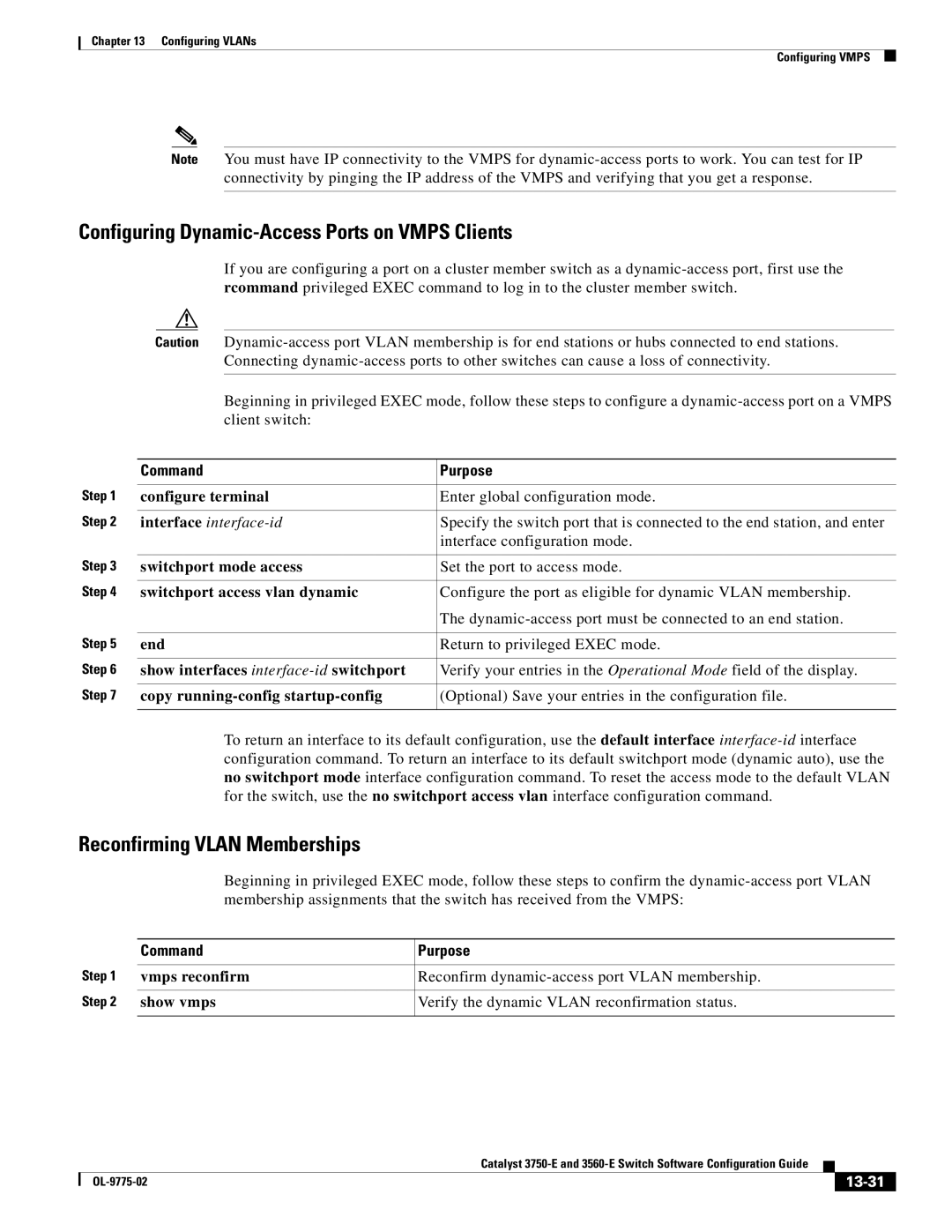 Cisco Systems 3750E Configuring Dynamic-Access Ports on Vmps Clients, Reconfirming Vlan Memberships, Vmps reconfirm, 13-31 