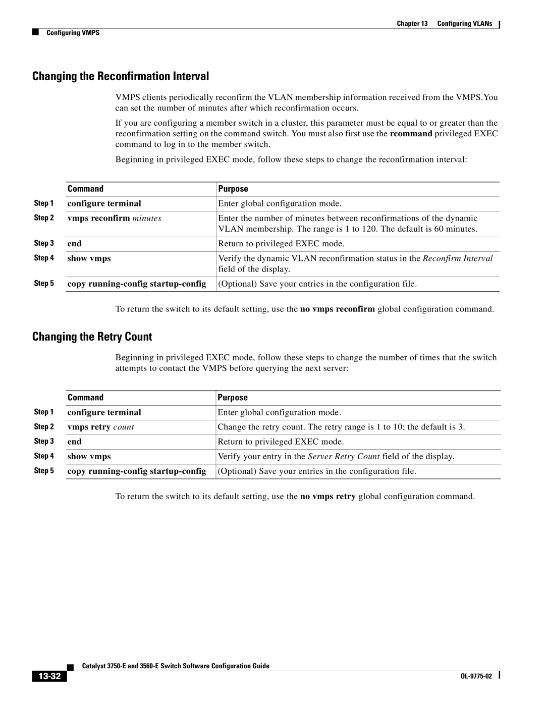 Cisco Systems 3750E manual Changing the Reconfirmation Interval, Changing the Retry Count, Vmps reconfirm minutes, 13-32 