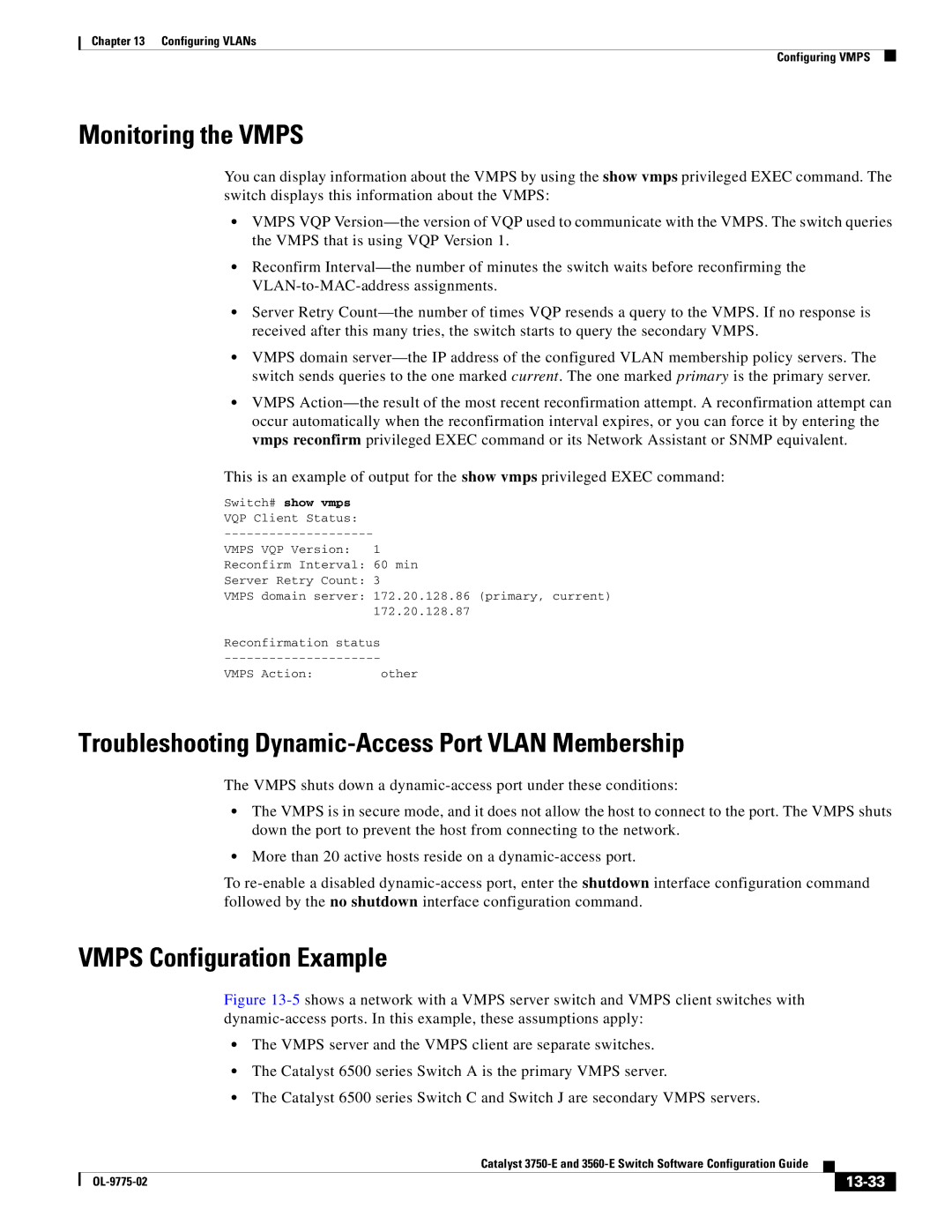 Cisco Systems 3750E Monitoring the Vmps, Troubleshooting Dynamic-Access Port Vlan Membership, Vmps Configuration Example 