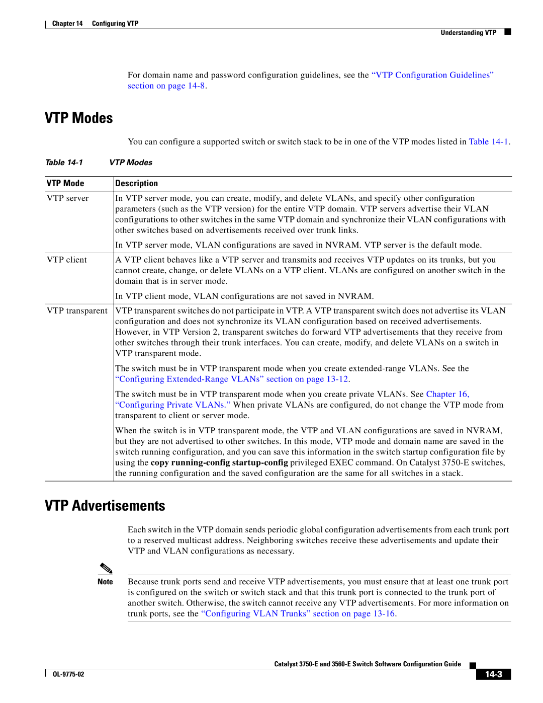 Cisco Systems 3750E manual VTP Modes, VTP Advertisements, VTP Mode Description, 14-3 