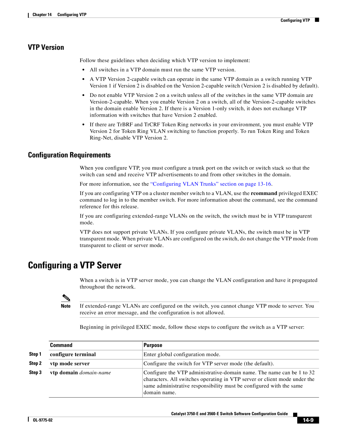 Cisco Systems 3750E manual Configuring a VTP Server, VTP Version, Configuration Requirements, 14-9 