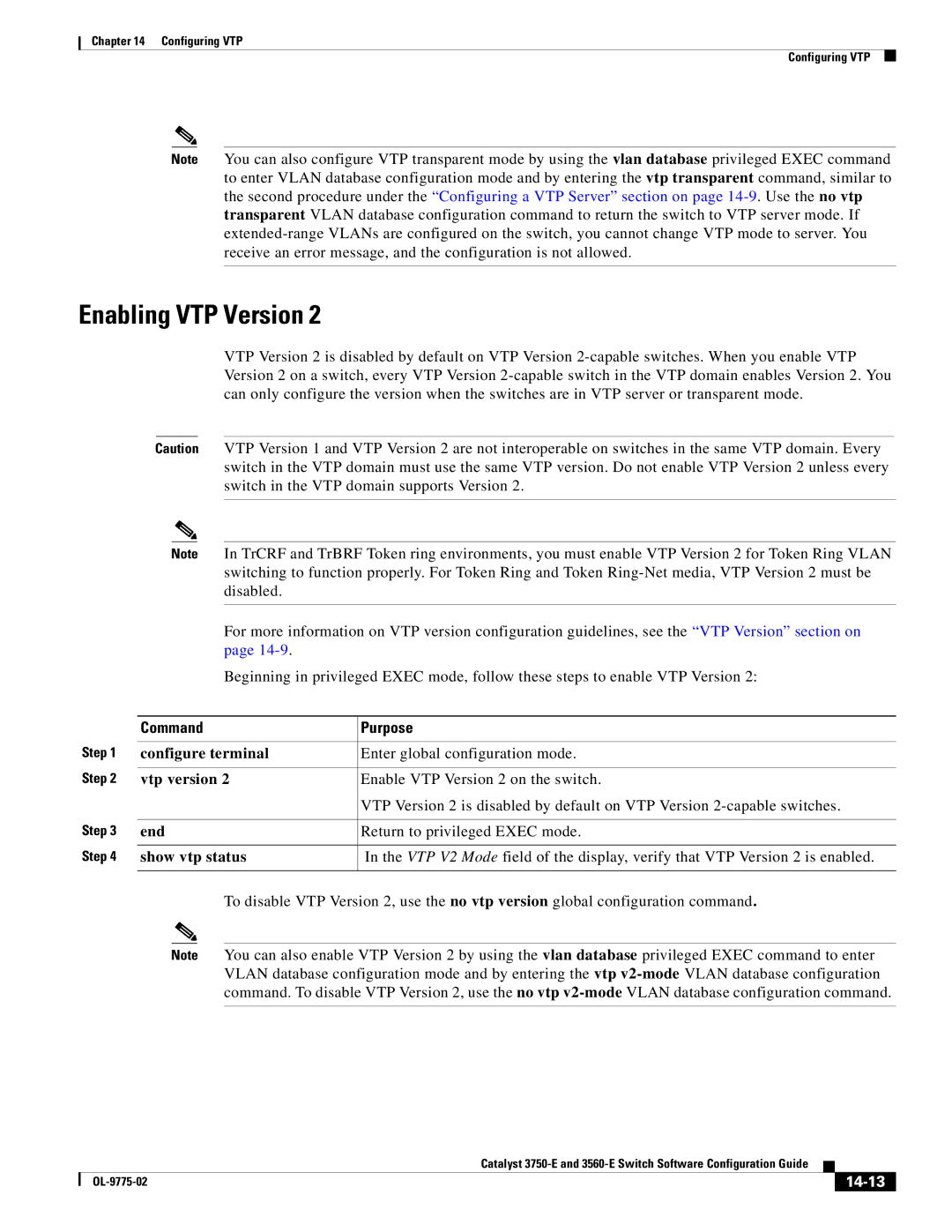 Cisco Systems 3750E manual Enabling VTP Version, Vtp version, 14-13 