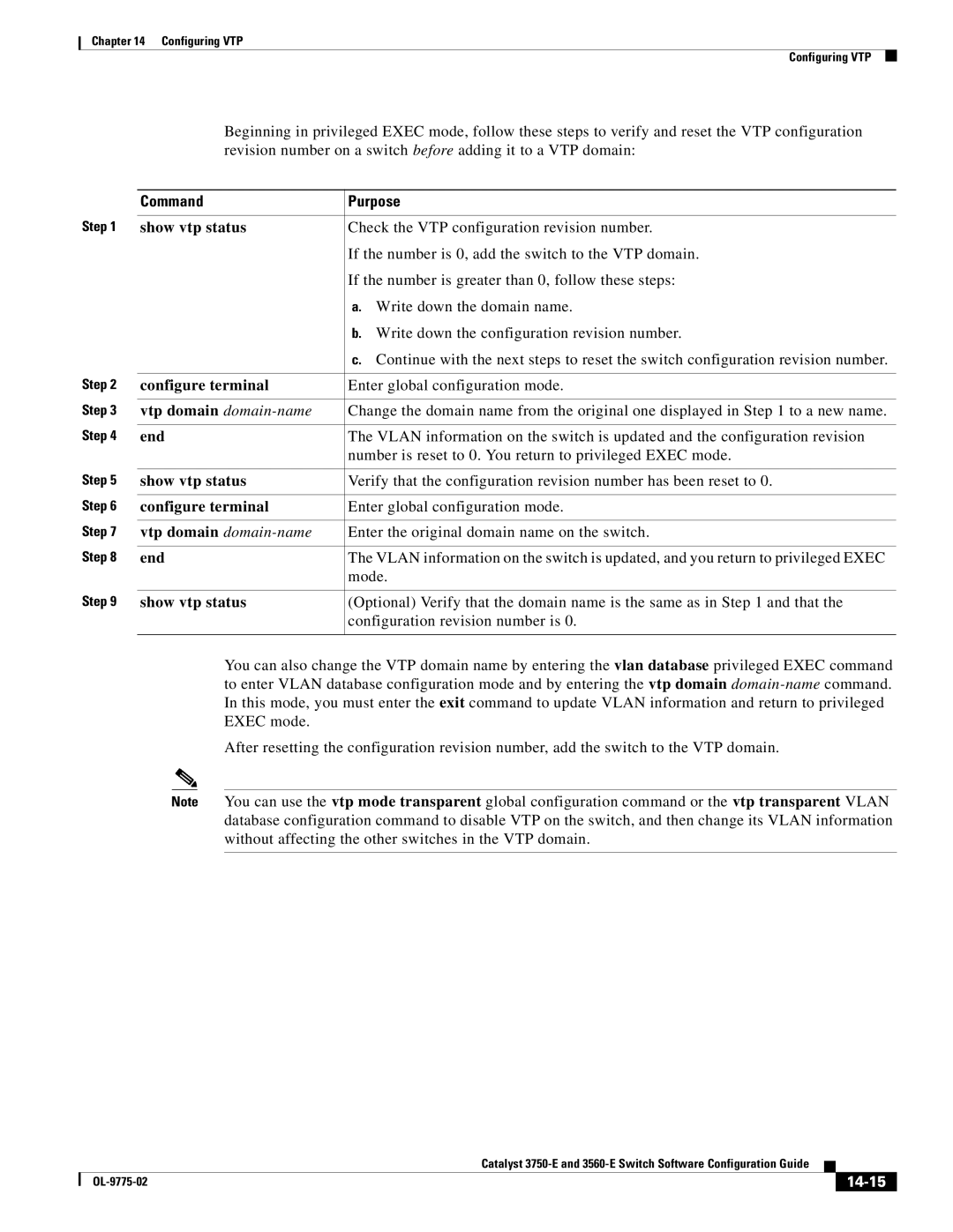 Cisco Systems 3750E manual Vtp domain domain-name, 14-15 