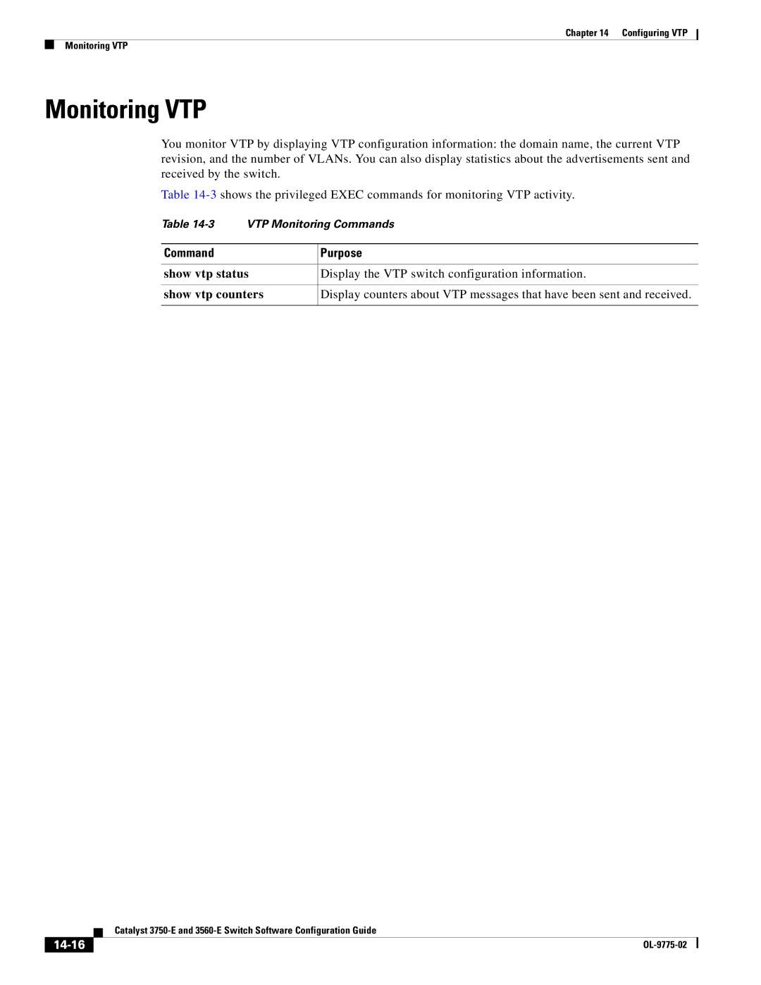 Cisco Systems 3750E manual Monitoring VTP, 14-16 