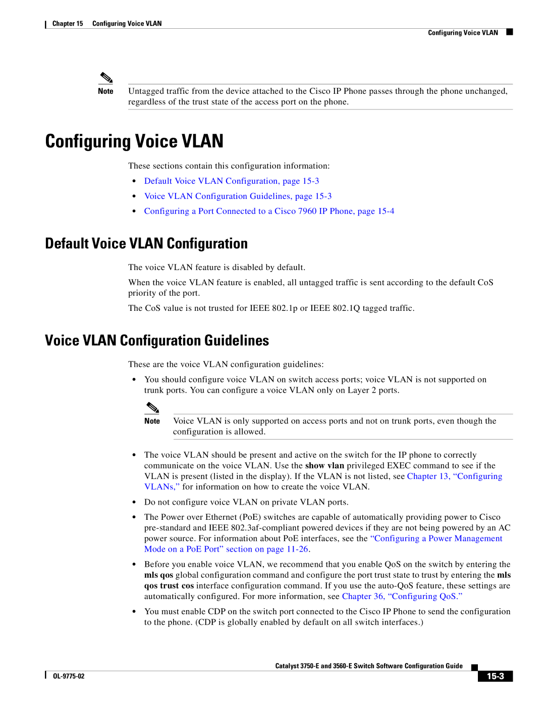 Cisco Systems 3750E Configuring Voice Vlan, Default Voice Vlan Configuration, Voice Vlan Configuration Guidelines, 15-3 