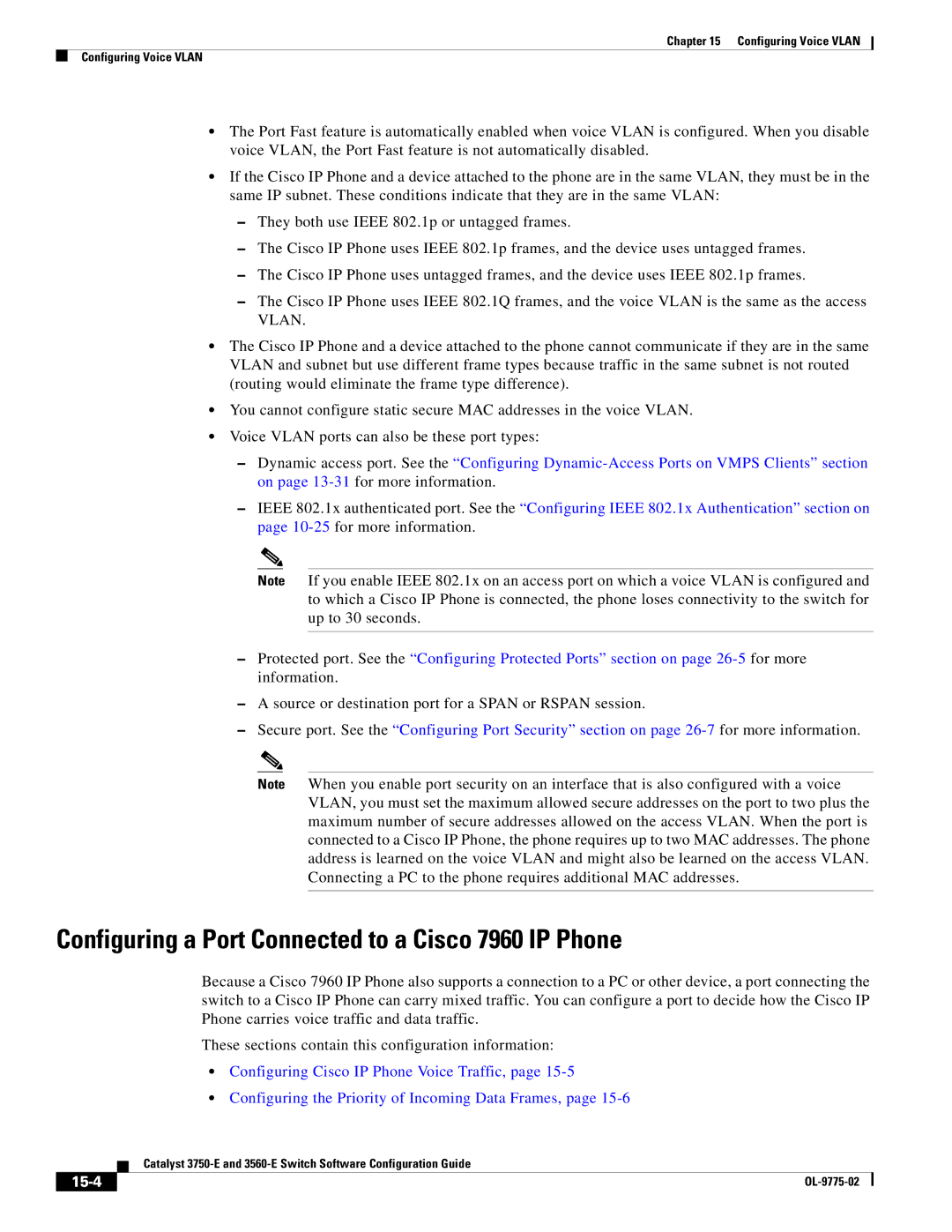 Cisco Systems 3750E manual Configuring a Port Connected to a Cisco 7960 IP Phone, 15-4 