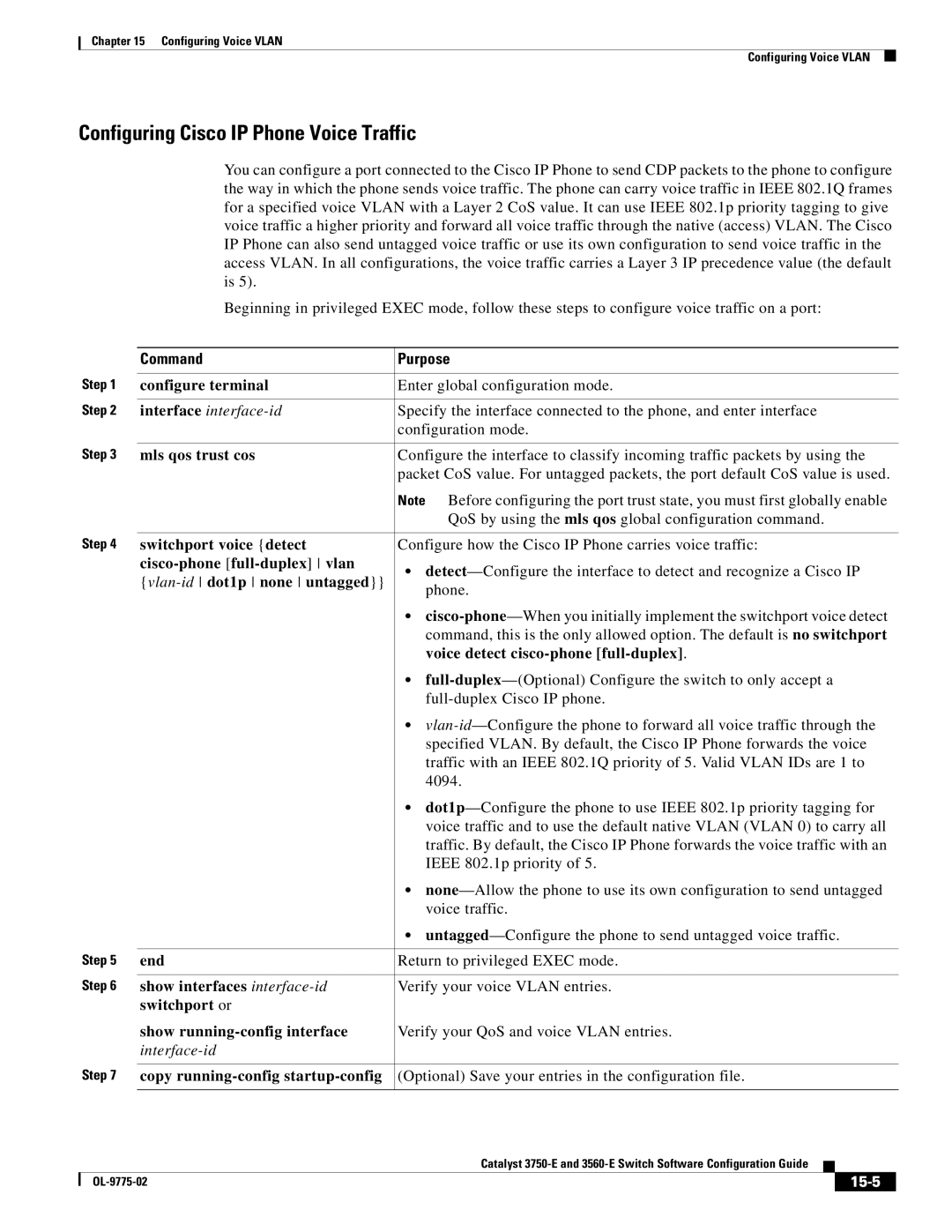 Cisco Systems 3750E manual Configuring Cisco IP Phone Voice Traffic, 15-5 