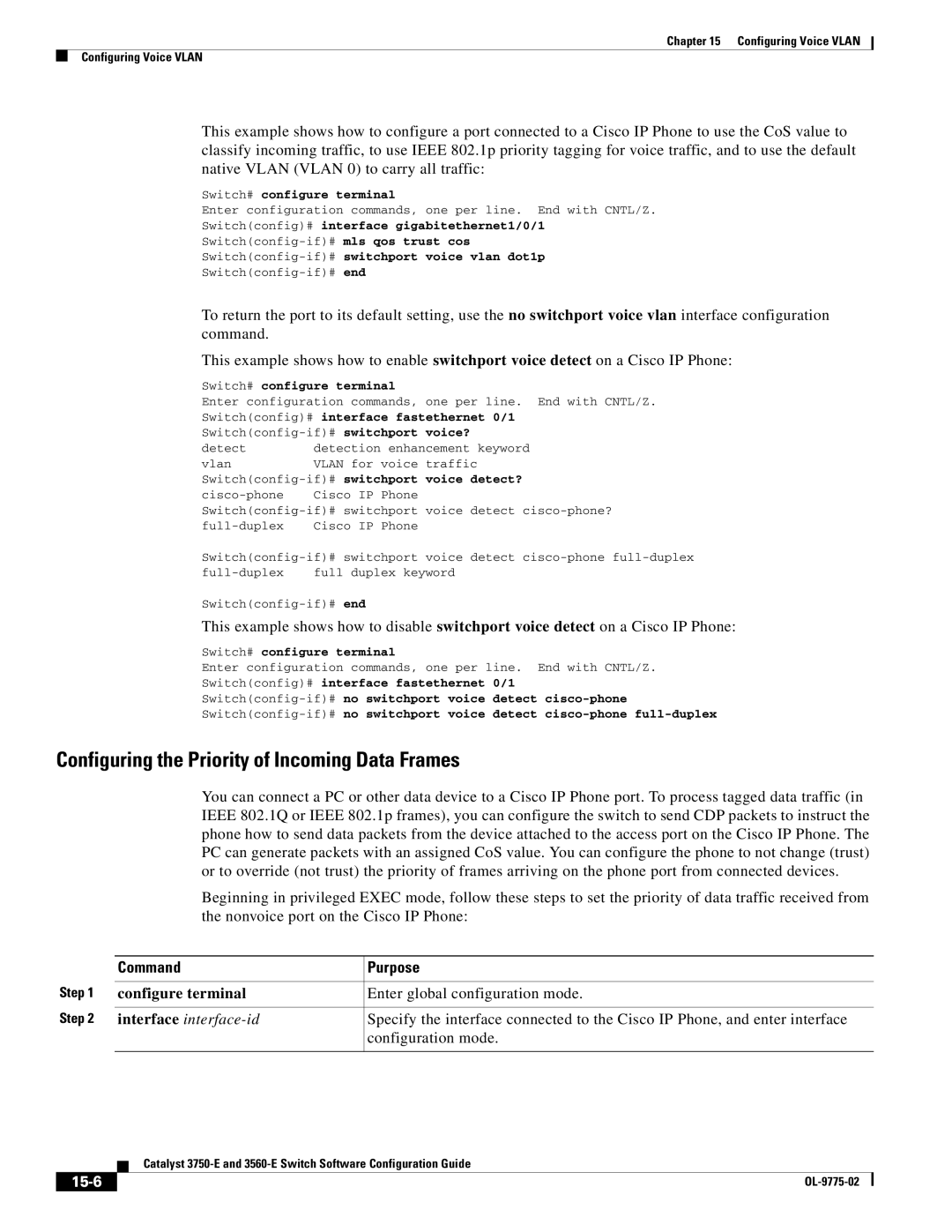 Cisco Systems 3750E manual Configuring the Priority of Incoming Data Frames, 15-6 