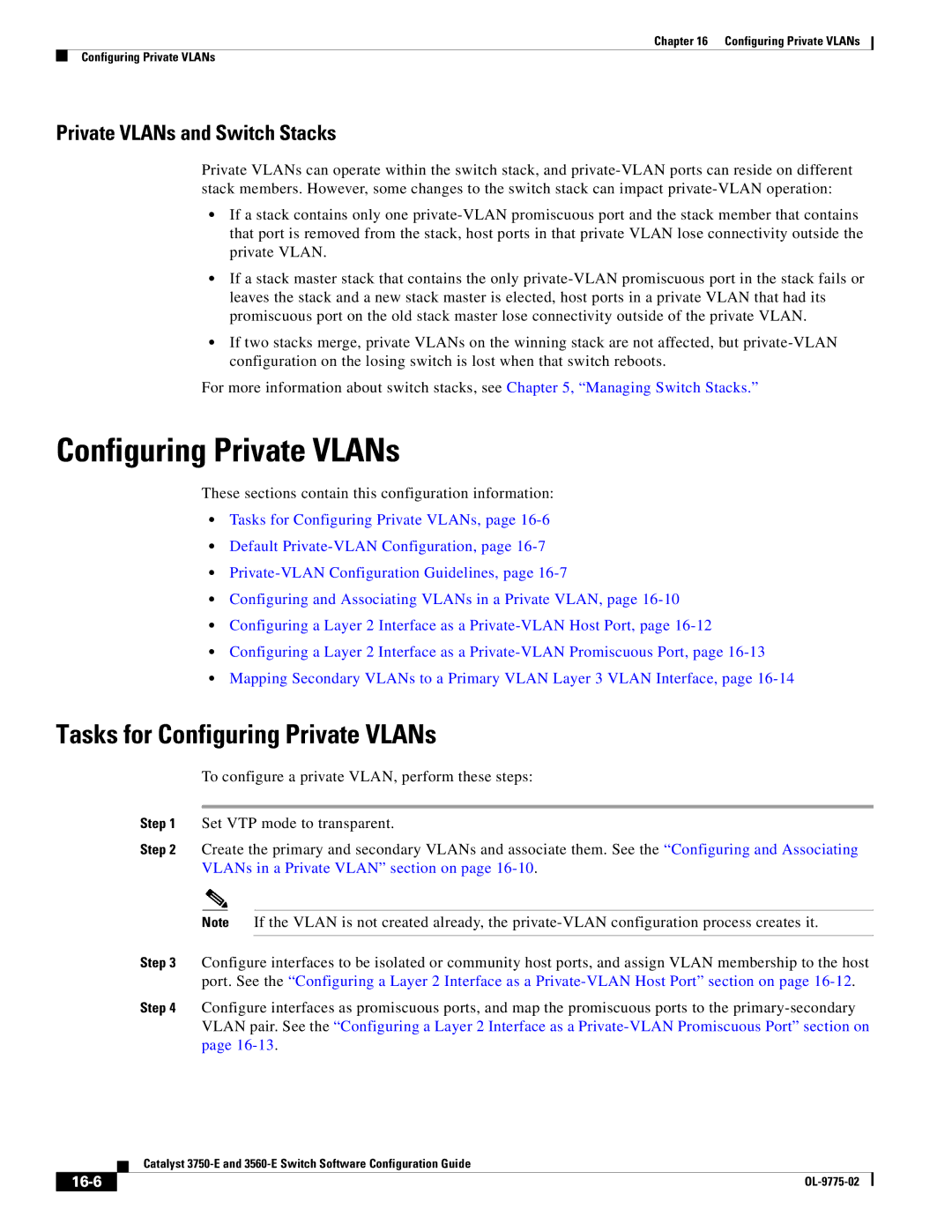 Cisco Systems 3750E manual Tasks for Configuring Private VLANs, Private VLANs and Switch Stacks, 16-6 