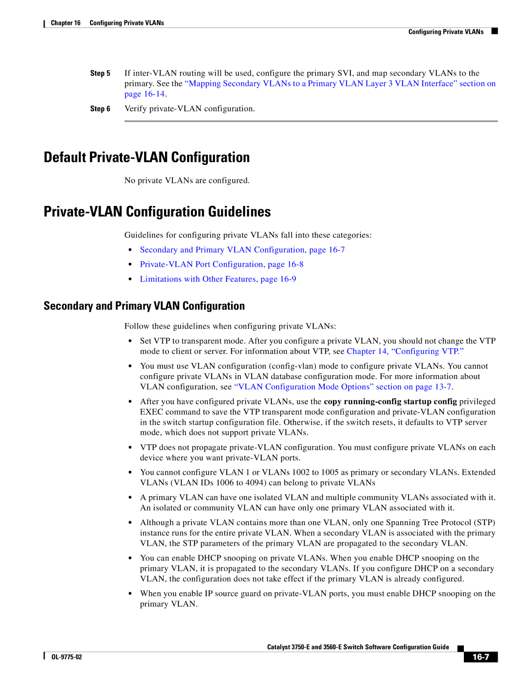 Cisco Systems 3750E manual Default Private-VLAN Configuration, Private-VLAN Configuration Guidelines, 16-7 