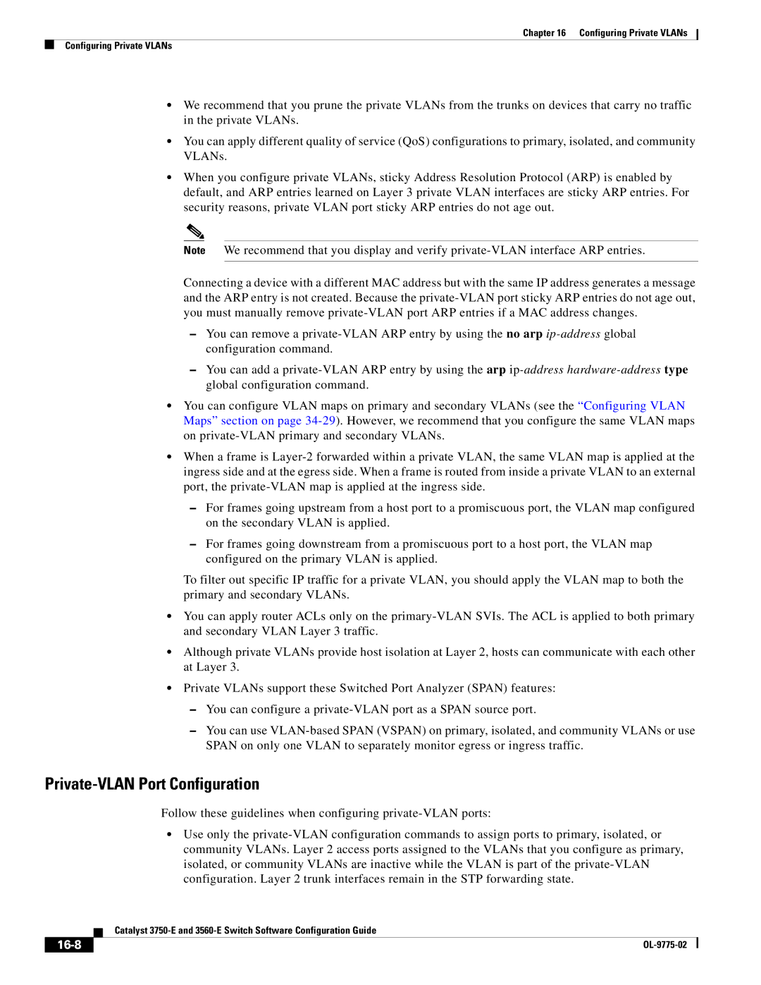 Cisco Systems 3750E manual Private-VLAN Port Configuration, 16-8 