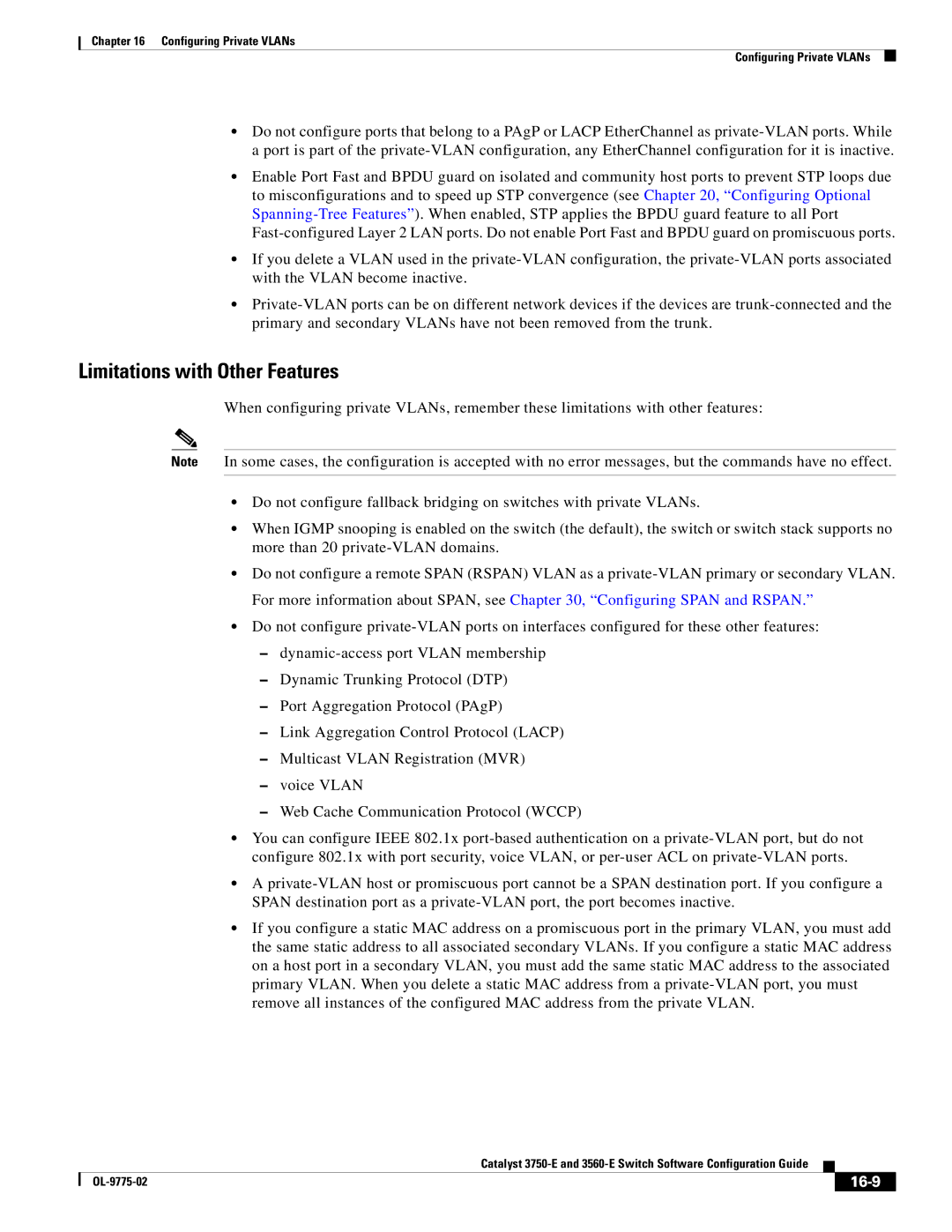 Cisco Systems 3750E manual Limitations with Other Features, 16-9 