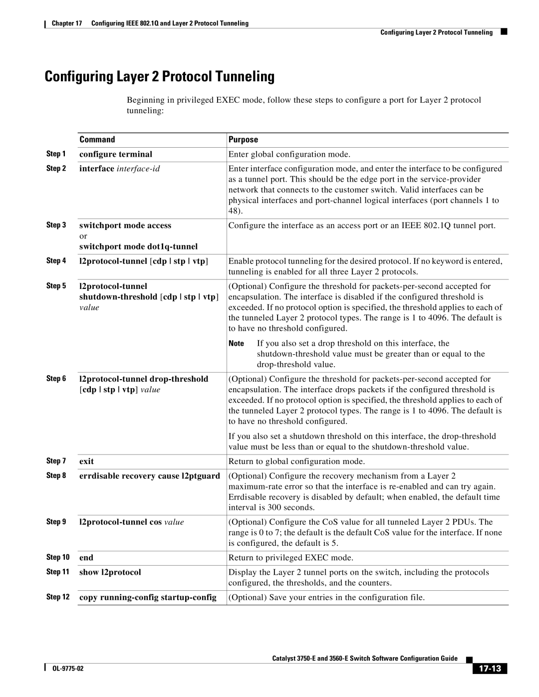 Cisco Systems 3750E manual Configuring Layer 2 Protocol Tunneling, 17-13 