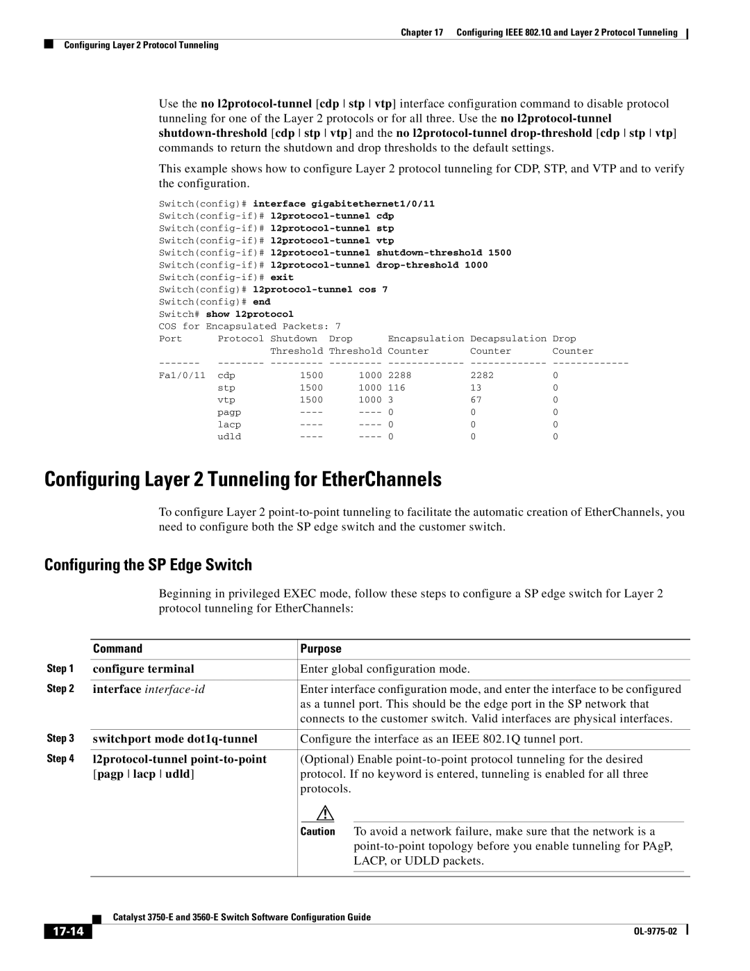 Cisco Systems 3750E Configuring Layer 2 Tunneling for EtherChannels, Configuring the SP Edge Switch, Pagp lacp udld, 17-14 