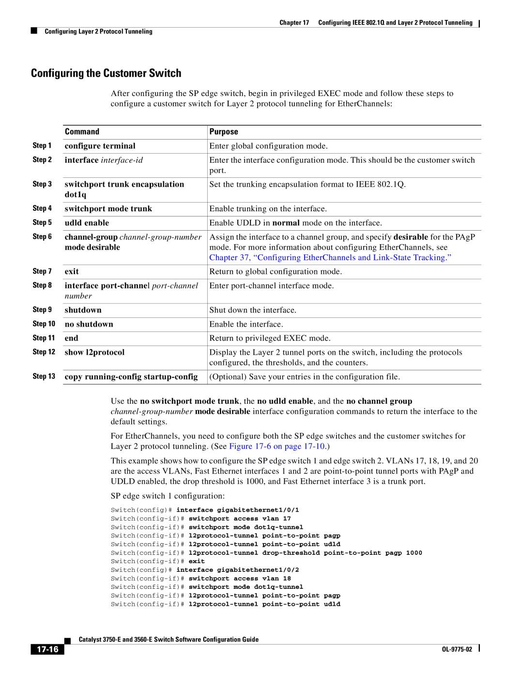 Cisco Systems 3750E manual Configuring the Customer Switch, 17-16 