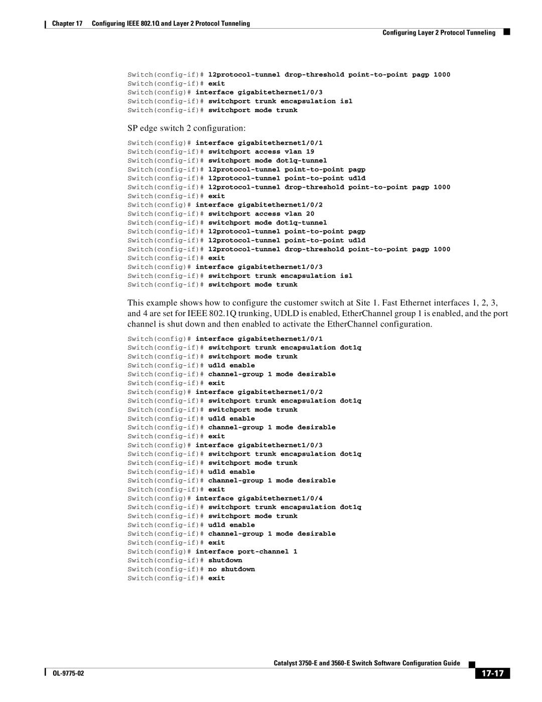 Cisco Systems 3750E manual 17-17, Switchconfig-if#channel-group 1 mode desirable, Switchconfig# interface port-channel 