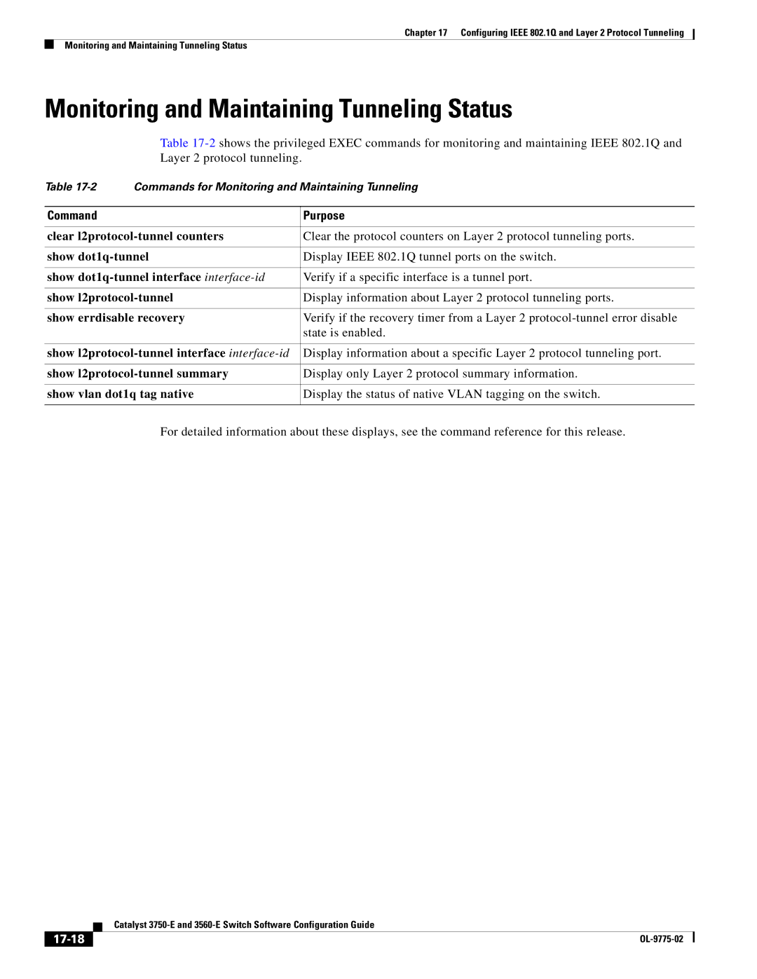 Cisco Systems 3750E manual Monitoring and Maintaining Tunneling Status, 17-18 