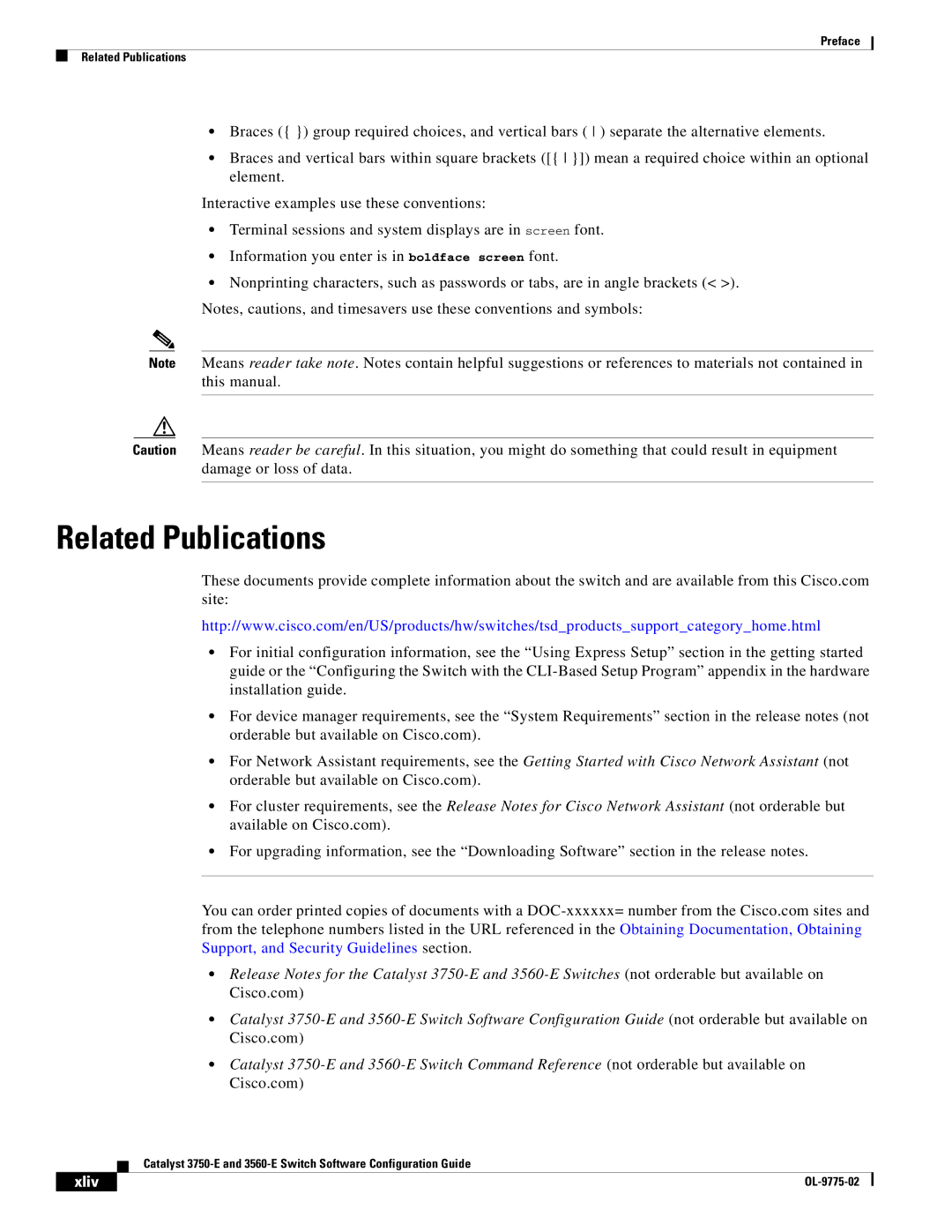 Cisco Systems 3750E manual Related Publications, Xliv 