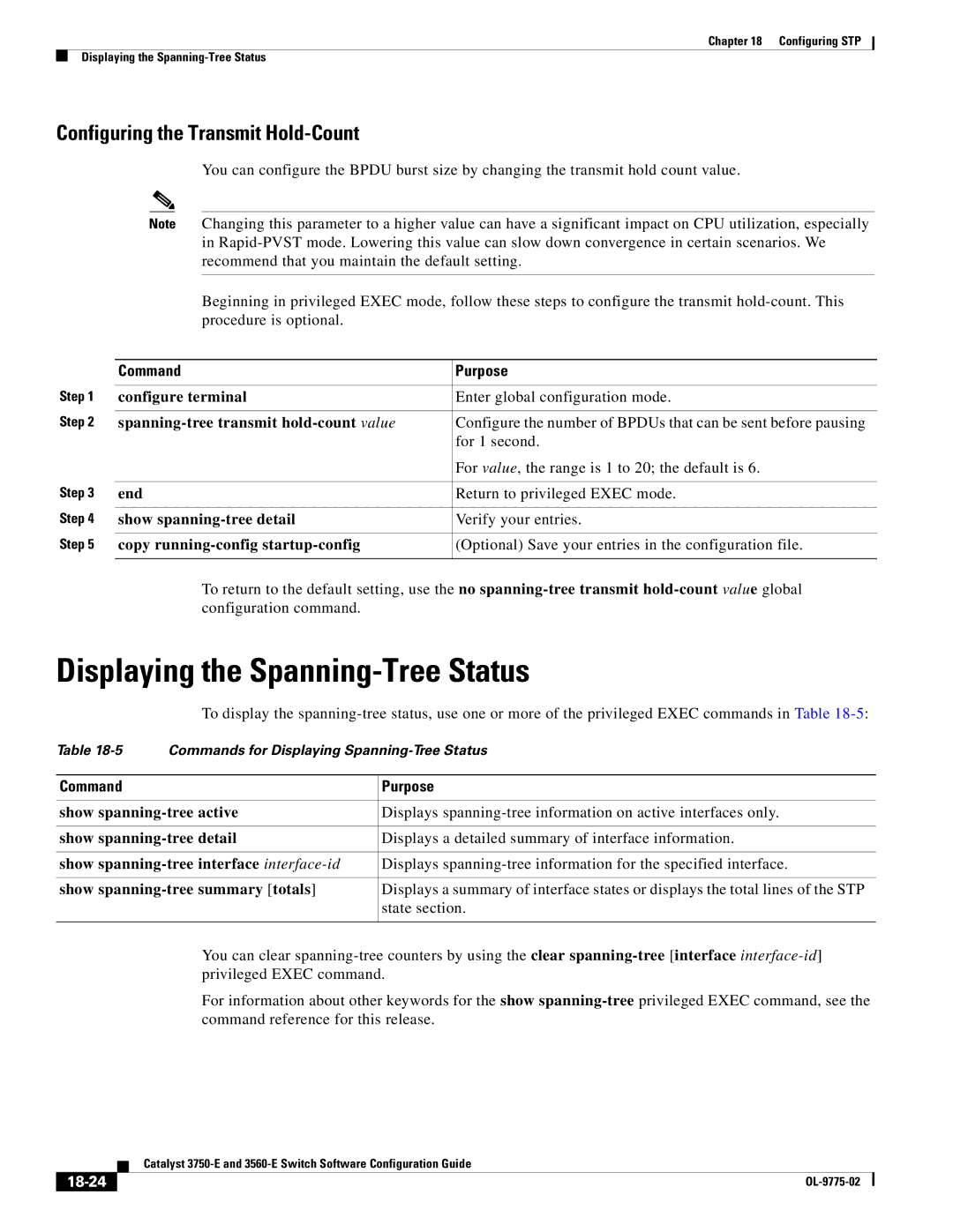 Cisco Systems 3750E manual Displaying the Spanning-Tree Status, Configuring the Transmit Hold-Count, 18-24 