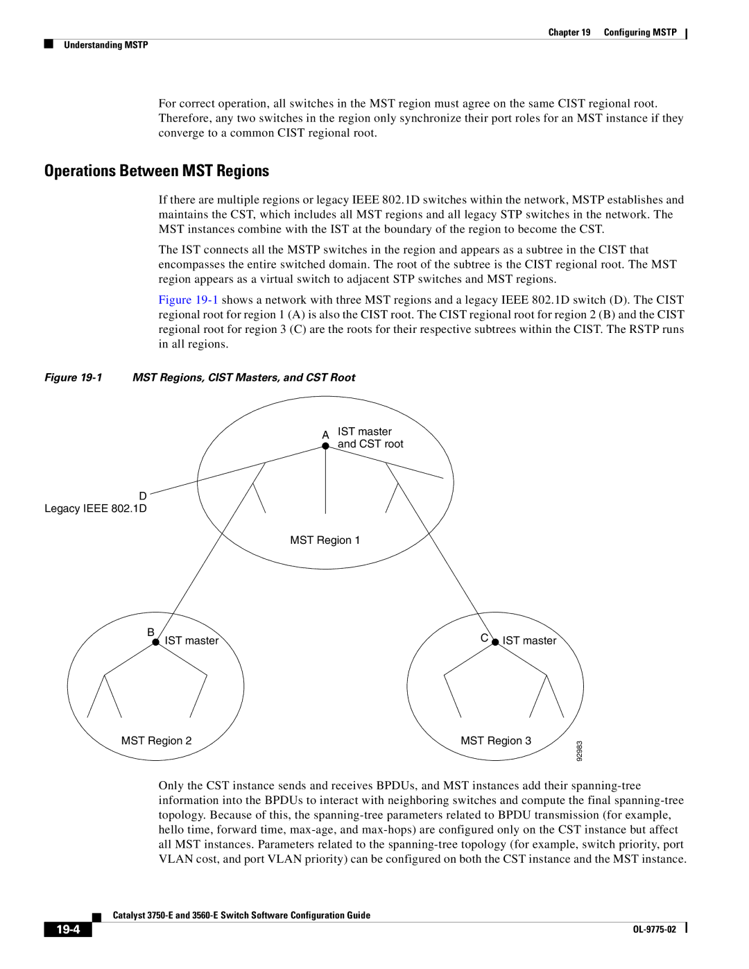 Cisco Systems 3750E manual Operations Between MST Regions, 19-4 