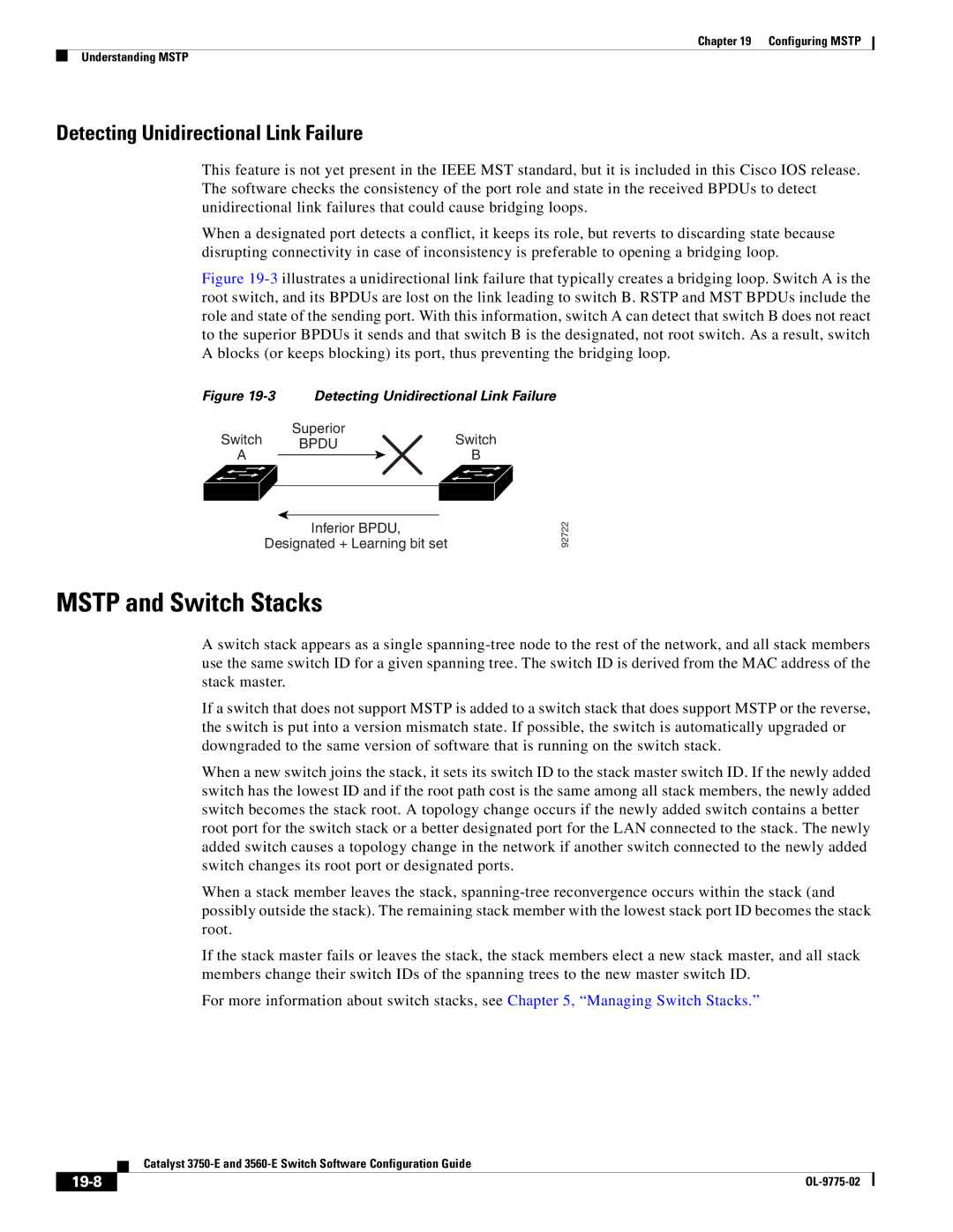 Cisco Systems 3750E manual Mstp and Switch Stacks, Detecting Unidirectional Link Failure, 19-8 