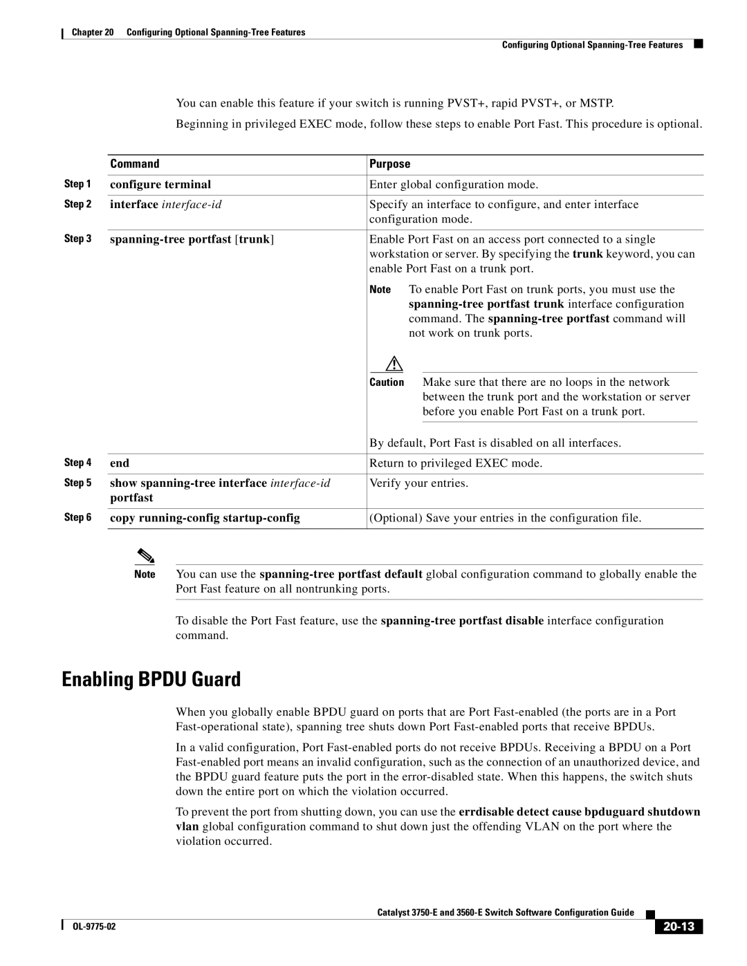 Cisco Systems 3750E manual Enabling Bpdu Guard, Spanning-tree portfast trunk, Portfast, 20-13 