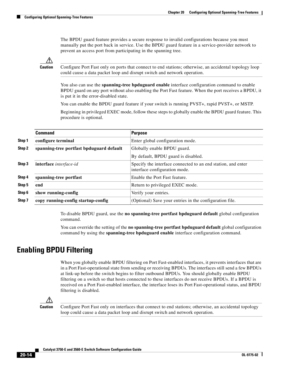 Cisco Systems 3750E manual Enabling Bpdu Filtering, Spanning-tree portfast Enable the Port Fast feature, 20-14 