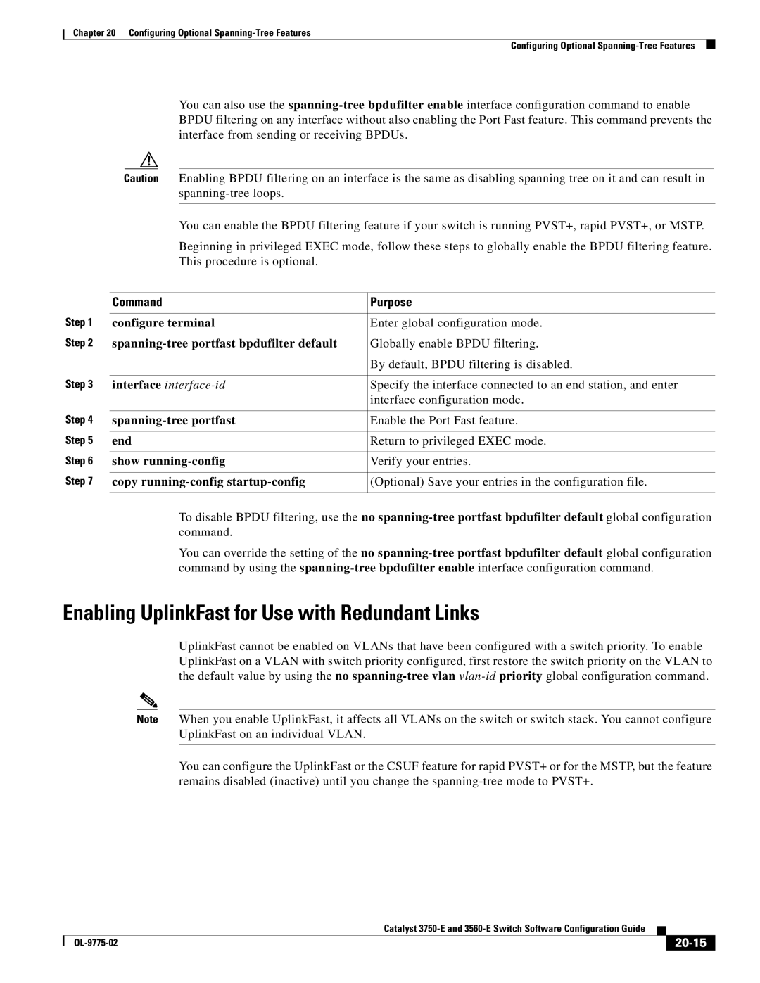 Cisco Systems 3750E manual Enabling UplinkFast for Use with Redundant Links, 20-15 