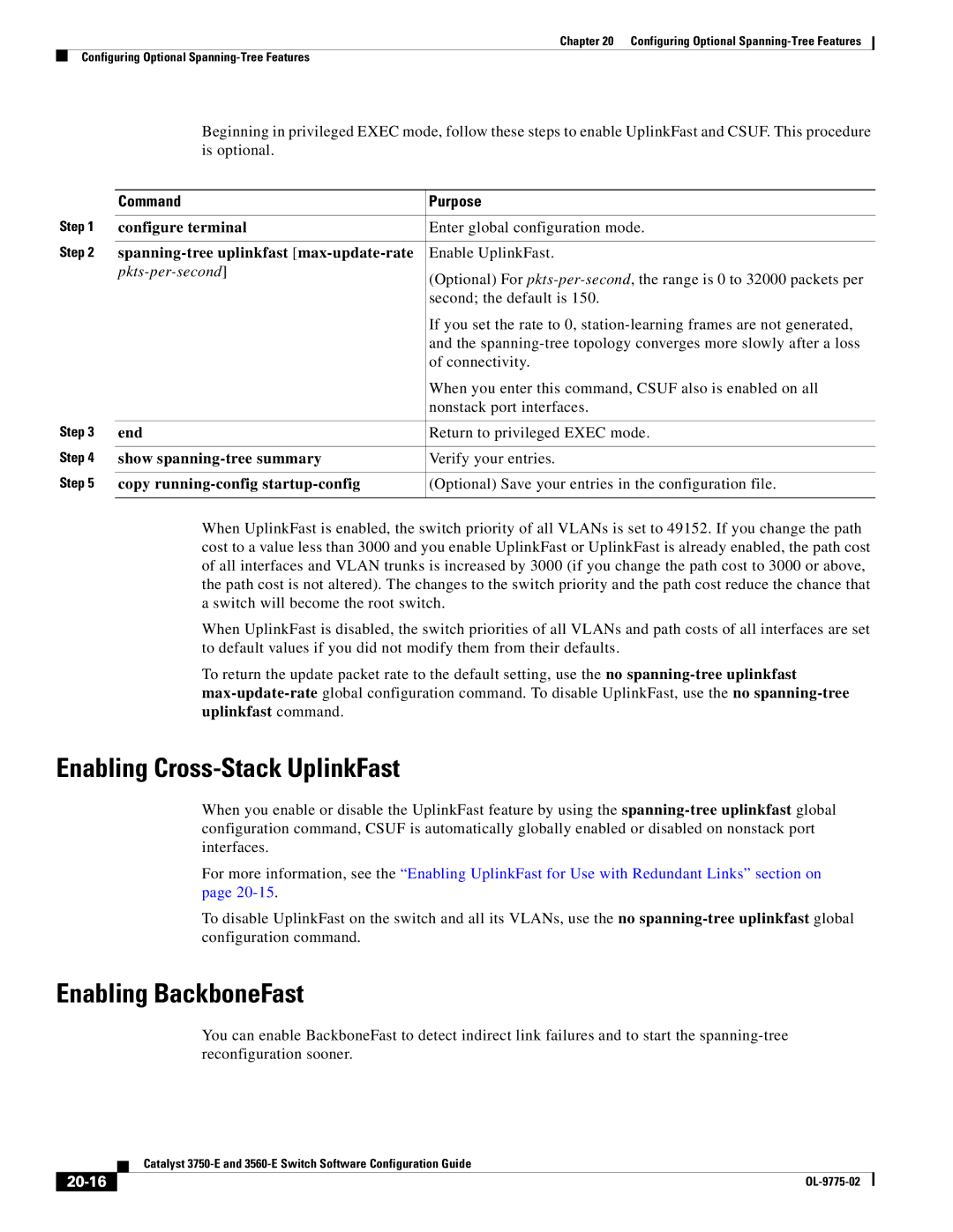 Cisco Systems 3750E manual Enabling Cross-Stack UplinkFast, Enabling BackboneFast, Spanning-tree uplinkfast max-update-rate 