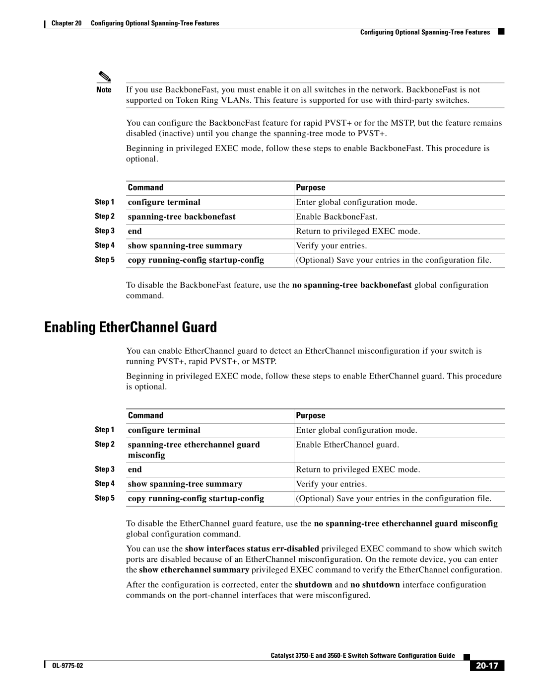 Cisco Systems 3750E manual Enabling EtherChannel Guard, Spanning-tree backbonefast Enable BackboneFast, 20-17 