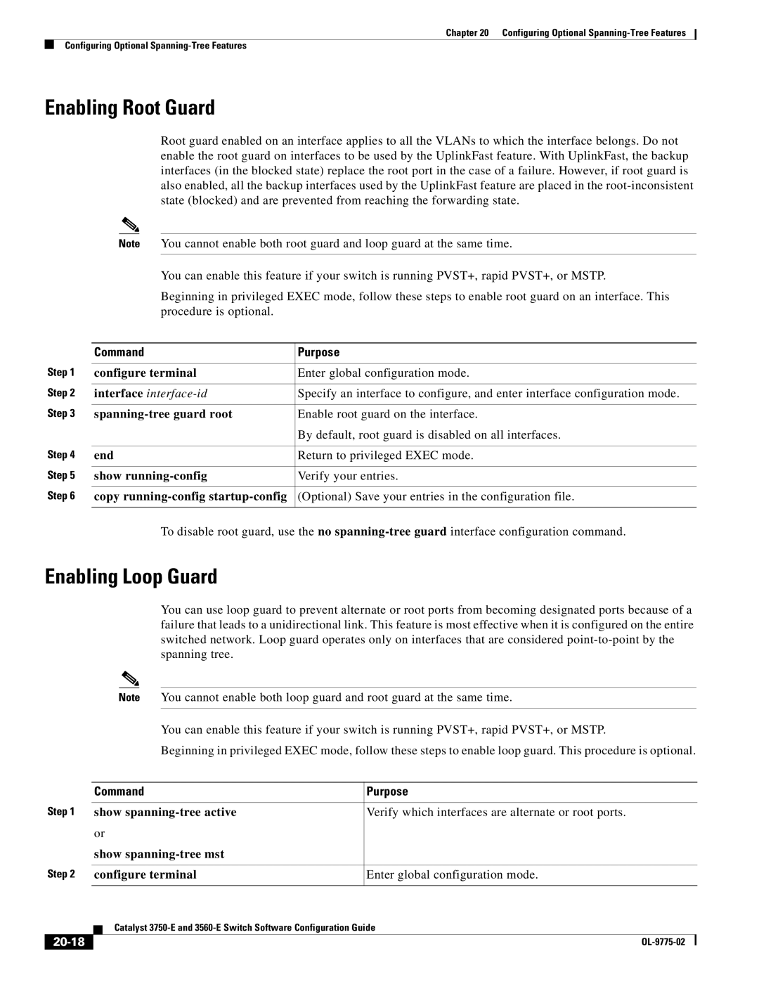 Cisco Systems 3750E manual Enabling Root Guard, Enabling Loop Guard, 20-18 