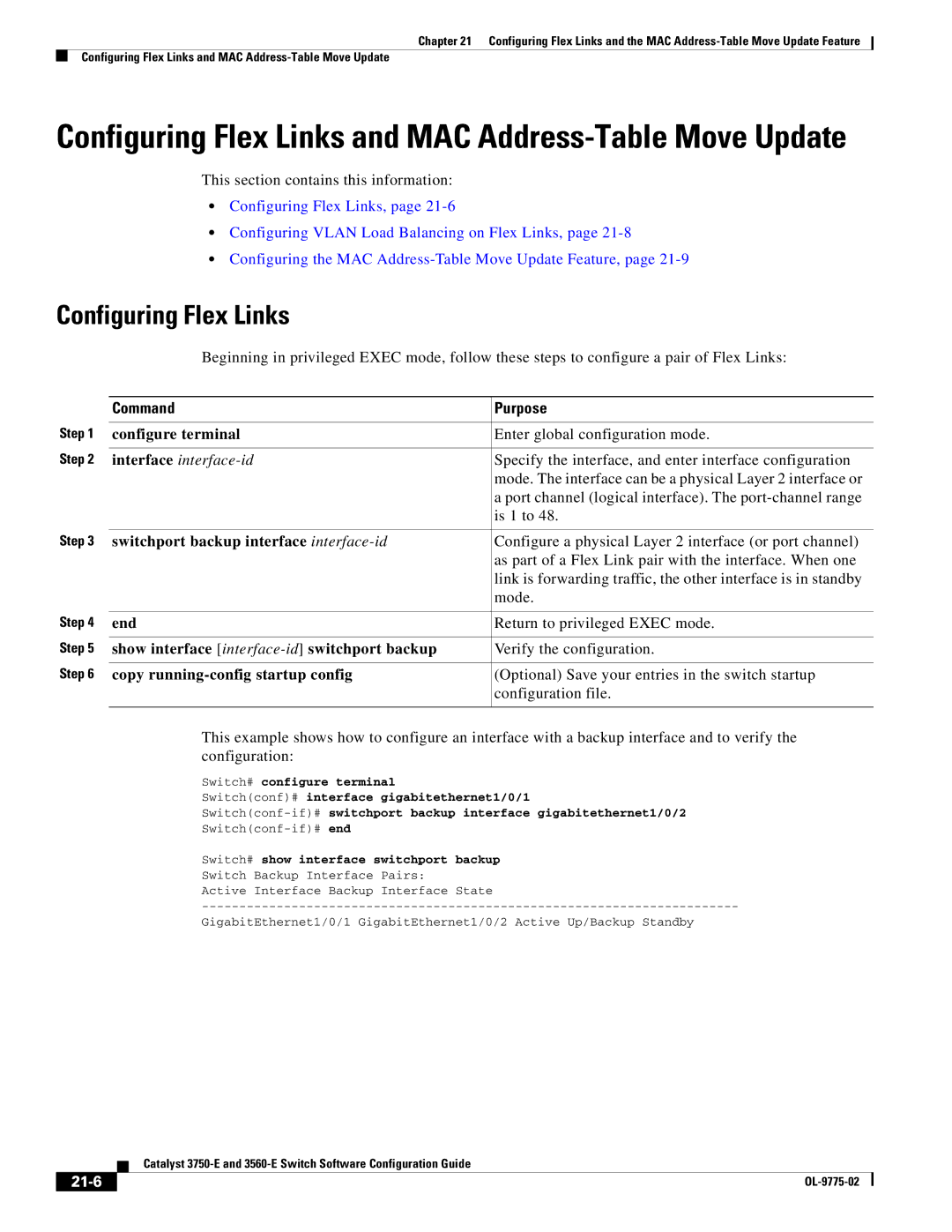 Cisco Systems 3750E manual Configuring Flex Links, Switchport backup interface interface-id, 21-6 