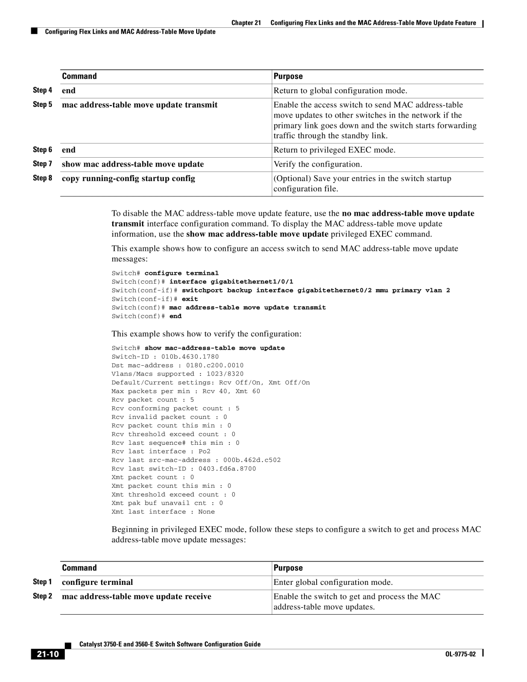 Cisco Systems 3750E End Return to global configuration mode, 21-10, Switchconf# mac address-table move update transmit 